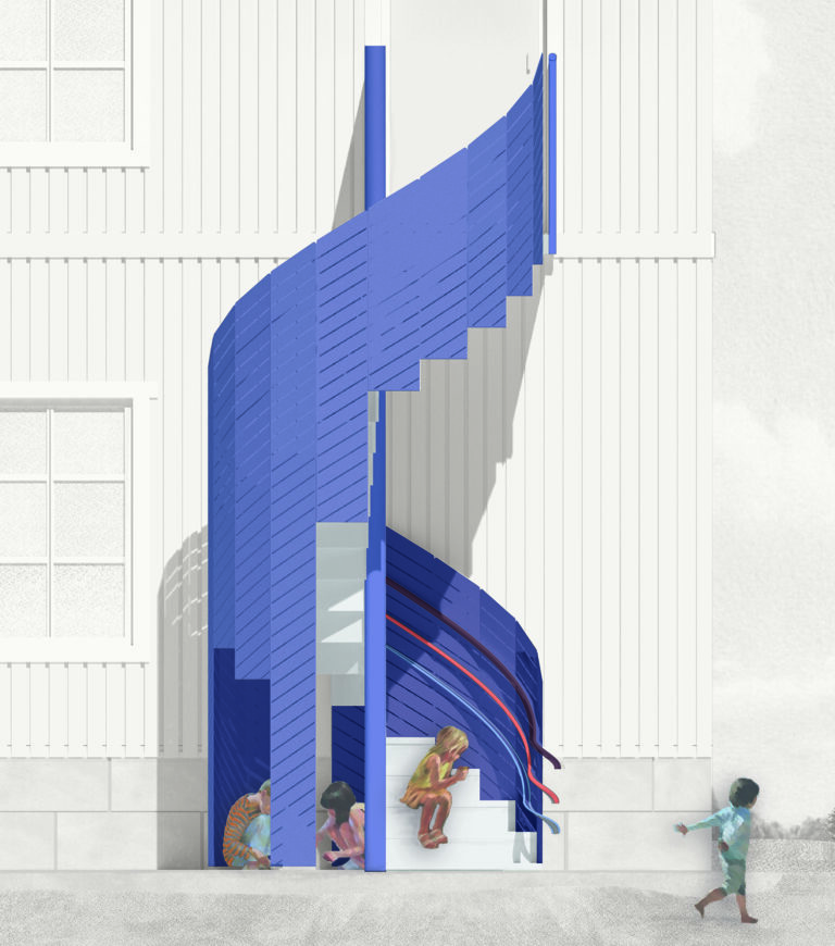 Barnets Trappa av Hanna Börjesson (1:a pris). Juryns motivering: Idén tar vara på konstruktionens möjligheter på ett innovativt och finstämt sätt och placerar trappan i ett relevant sammanhang. Resultatet är en inkluderande och trygg gestaltning som på ett elegant sätt lyfter arkitekturen och låter trappans form ta plats. Här möts både trygghet och lekfullhet. Handledare i olika kulörer bidrar till säkerhet och identitet, samtidigt som utrymmet under trappan blir en aktiv del av gestaltningen. Ett tydligt och genomtänkt koncept som både är visionärt och pragmatiskt – och samtidigt högst genomförbart.